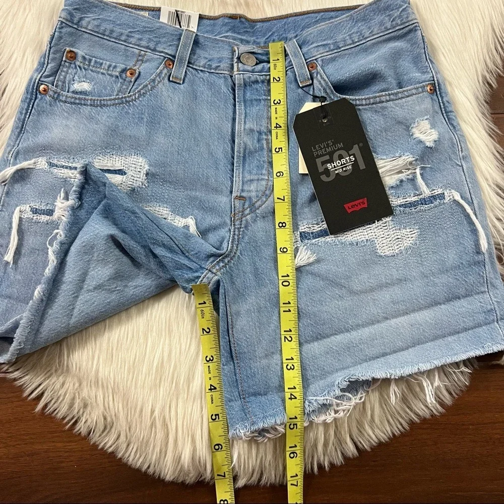 Levi's Size 27 Haze Blue Distressed 501 Long Denim Shorts‎